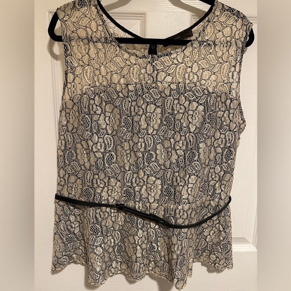 The Limited Beige lace top with black belt and detail. XL